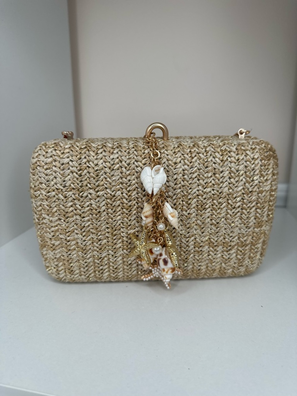 Shiraleah Natural Straw Clutch with Gold Shell Charm